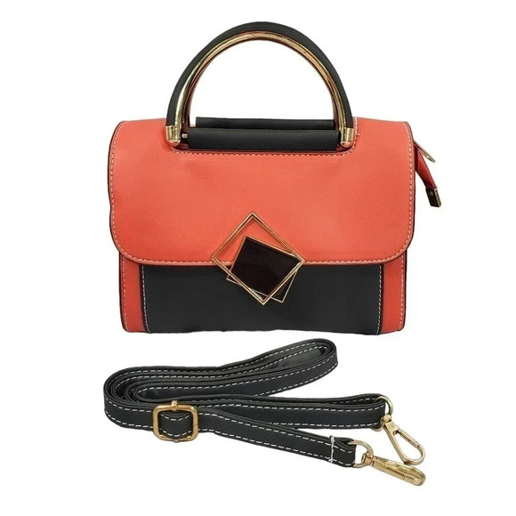 Red and Black Two-Tone Cross Body Purse With Golden Accents, Adjustable Strap - Picture 1 of 10